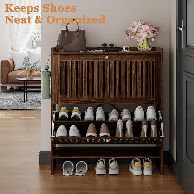 wanan 31.5" Shoe Cabinet with 2 Flip Slatted Drawers, Adjustable & Removable - Image 7