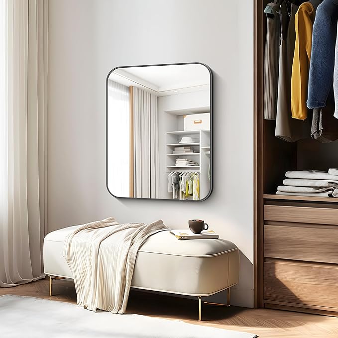 Bathroom Mirror, 30 x 24 inch Metal Framed Black Rectangle Mirror, Rounded - Image 8