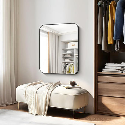 Bathroom Mirror, 30 x 24 inch Metal Framed Black Rectangle Mirror, Rounded - Image 8