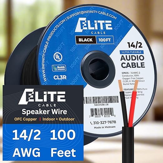 Elite 14/2 Speaker Wire 100ft, UL Listed, by InfinityCableProducts