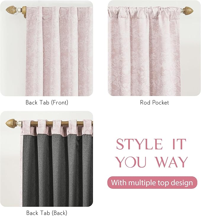 Beauoop Pink Floral Jacquard Blackout Curtains 72 Inches Long 2 Panels - Image 5