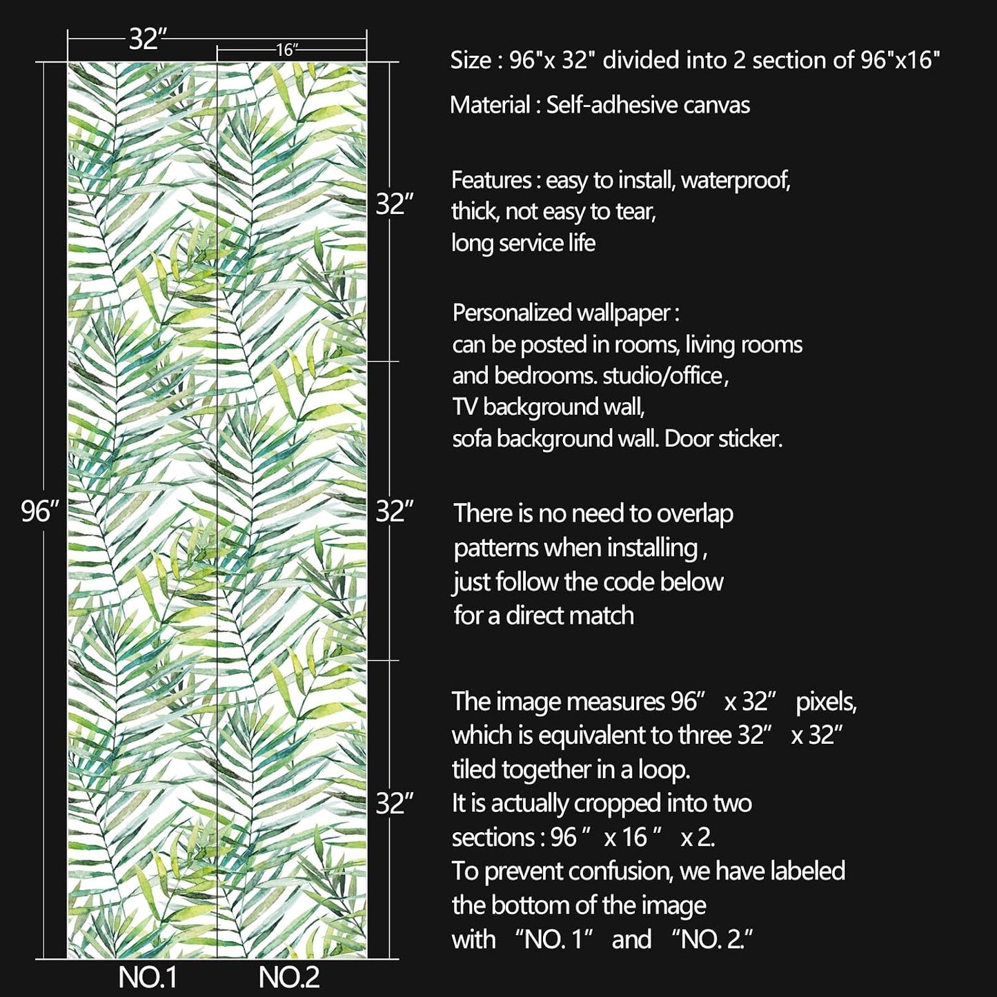 Tropical Watercolor Green Leaf Plants Peel and Stick | self adhesive Wallpaper - 96''x32''
