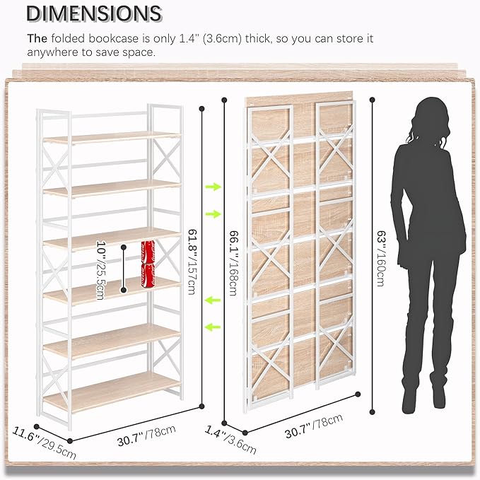 4NM Extra Wide 6 Tiers No Assembly Book Shelves, 61.8" H Folding Bookshelf - Image 2