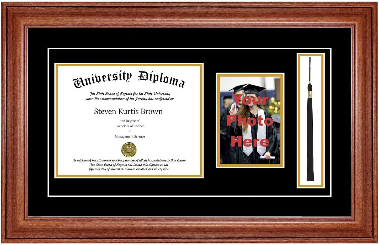 Single Diploma Frame with 5x7 Photo, Tassel and Double Matting for 17" x 11" Tall Diploma with Walnut 2" Frame