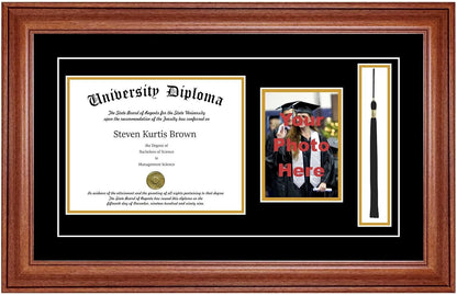 Single Diploma Frame with 5x7 Photo, Tassel and Double Matting for 17" x 11" Tall Diploma with Walnut 2" Frame