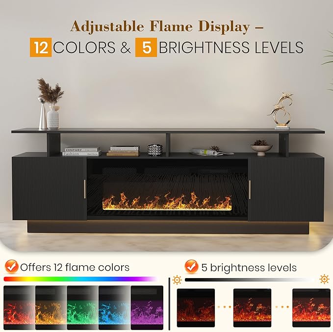 70” Fluted TV Stand with 36” Electric Fireplace, 2 Tier TV Console Cabinet with - Image 5