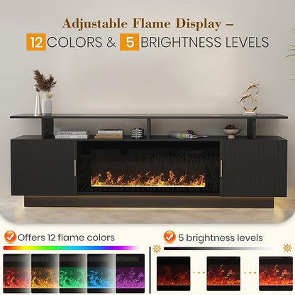 70” Fluted TV Stand with 36” Electric Fireplace, 2 Tier TV Console Cabinet with - Image 5