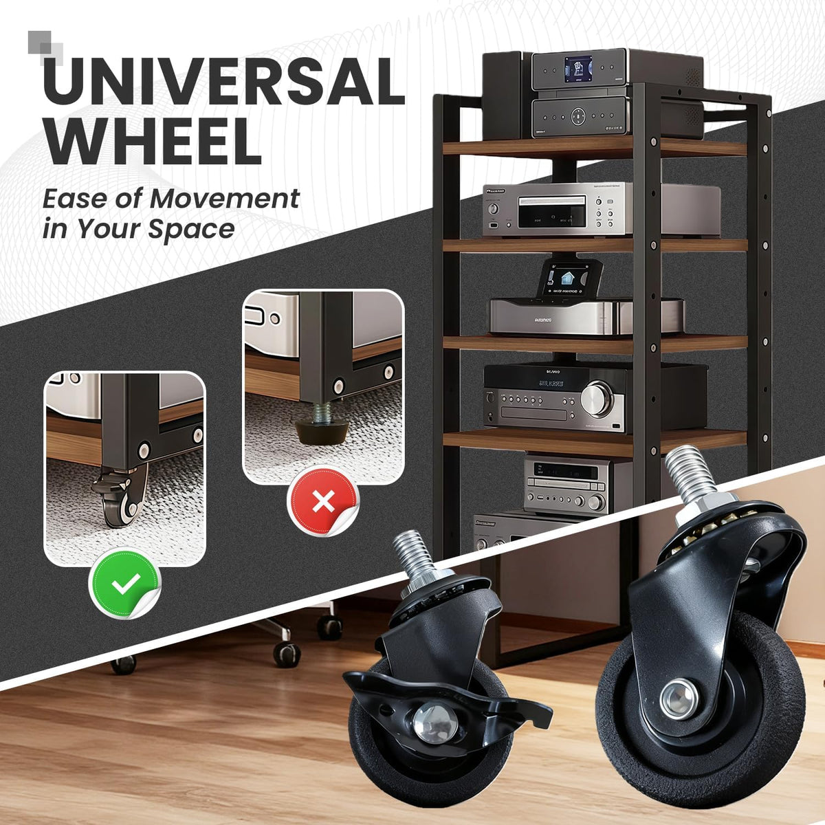 6-Tier AV Media Stand with Wheels, Modern Stereo Racks and Stands