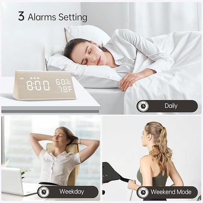 Digital Alarm Clock, with Wooden Electronic LED Time Display, 3 Alarm Settings - Image 6