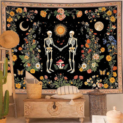 Wegklazax Skull Moon and Flowers Tapestry, Bohemian Hippie Gothic Wall Hanging for Room Decor, Mystical Altar Home Decor 60L x 44W