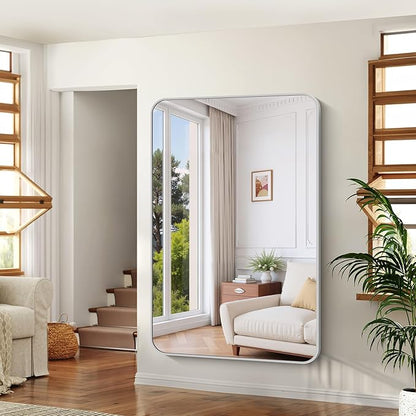 60x40 Inch Silver Bathroom Mirror, Large Rectangle Mirror, Metal Framed - Image 4