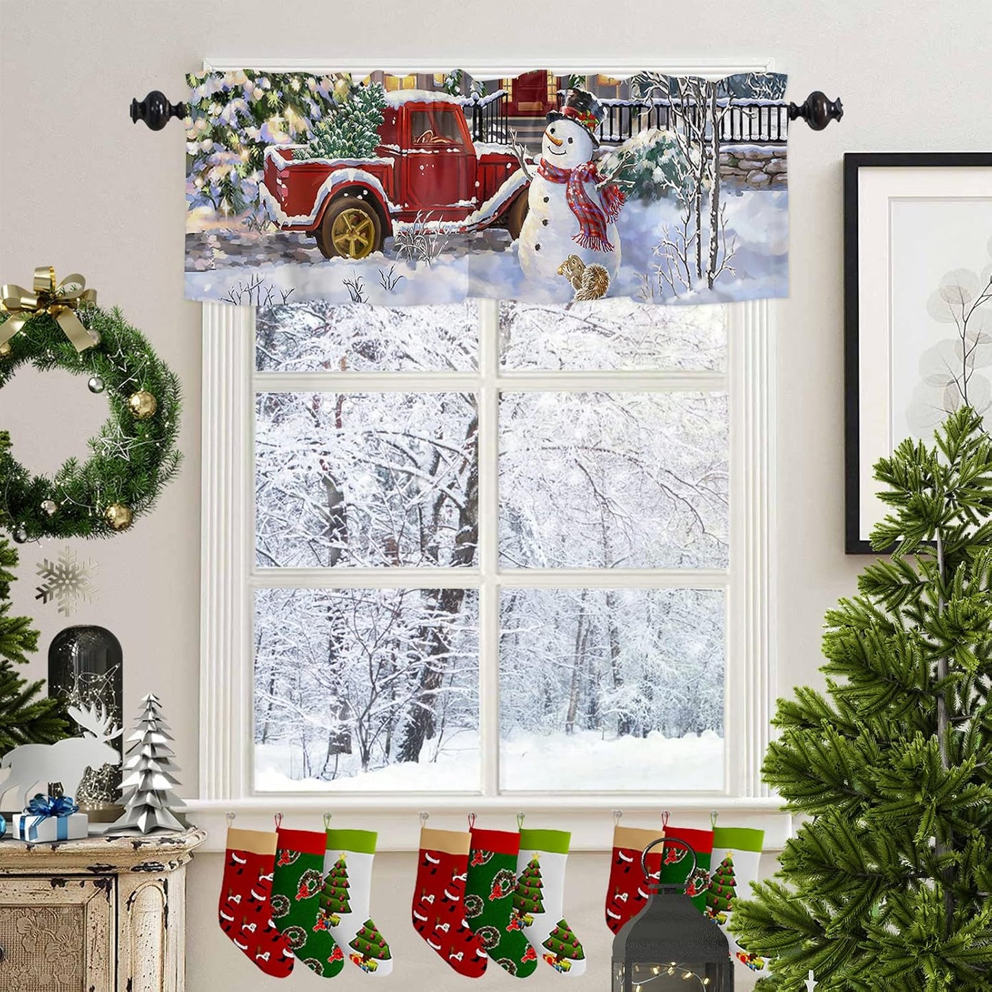 Christmas Curtain For Kitchen Windows Snowman Xmas Kitchen Curtain Valances Red Truck with Christmas Tree Window Curtain Treatment Short Topper Curtains Seasonal Valance Christmas Decor,42 x12 inch
