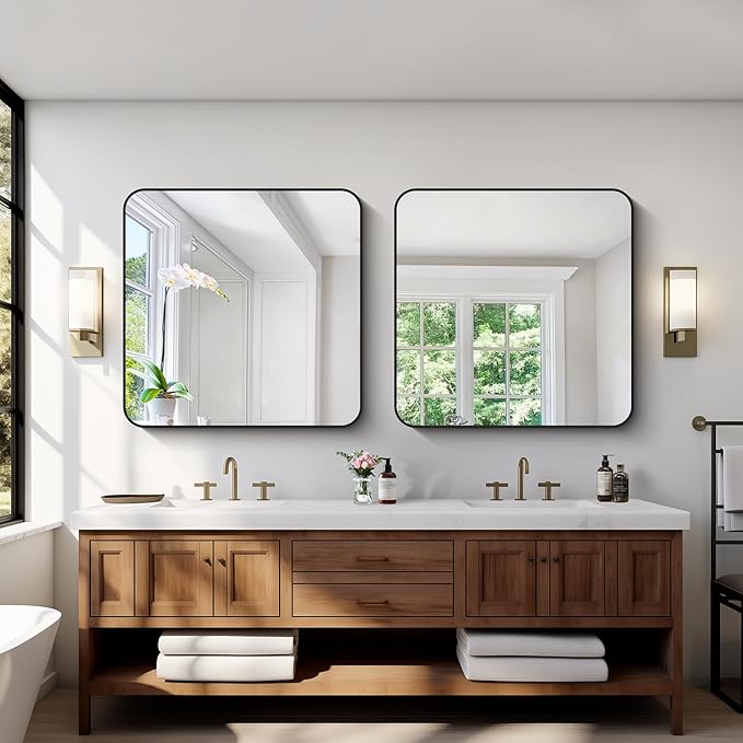 Black Bathroom Mirrors for Wall, Rounded Corner Metal Frame Wall Mirror - Image 2