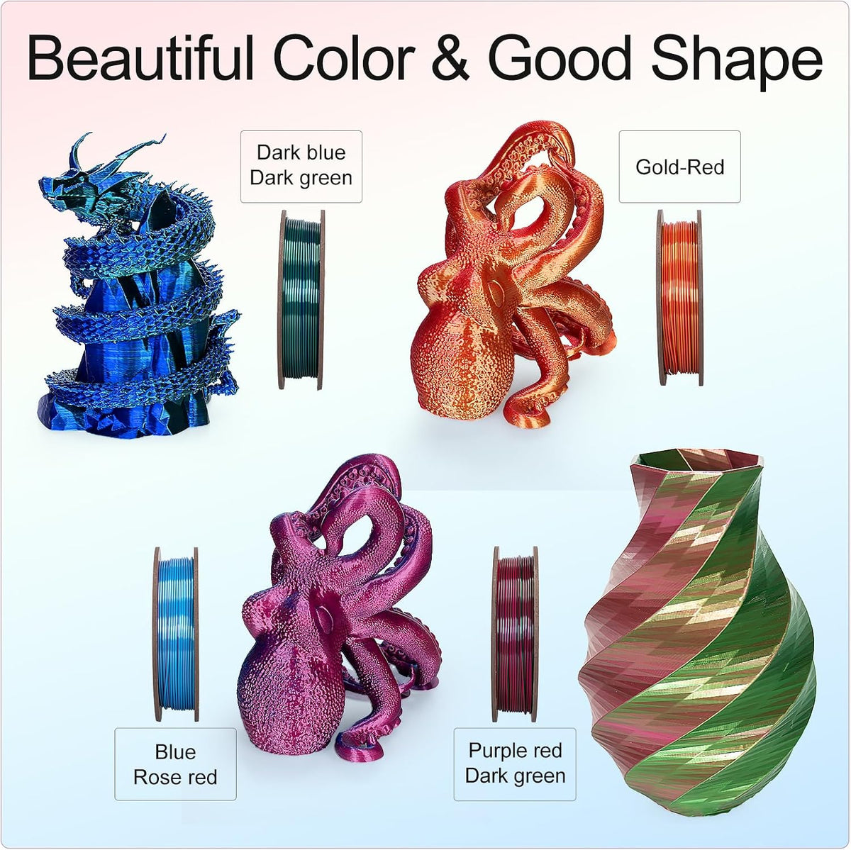 Kretrum Silk Dual Color 3D Printer Filament Bundle, 1.75 mm Color Changing PL...