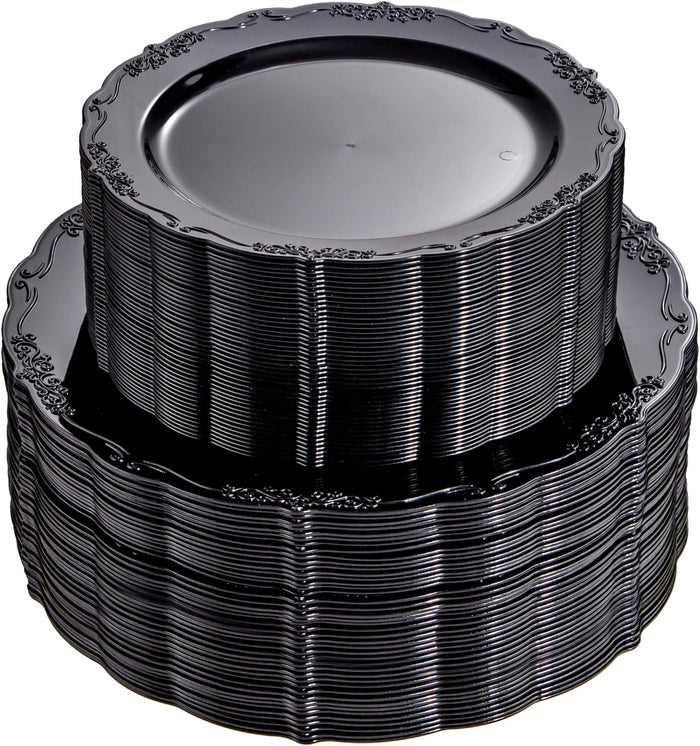 U-QE 100PCS Black Plastic Plates, Heavy Duty Black Plates Halloween