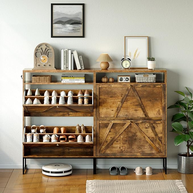 Shoe Storage Cabinet with 2 Flip-Up Doors, Freestanding Hidden Shoe Storage - Image 7