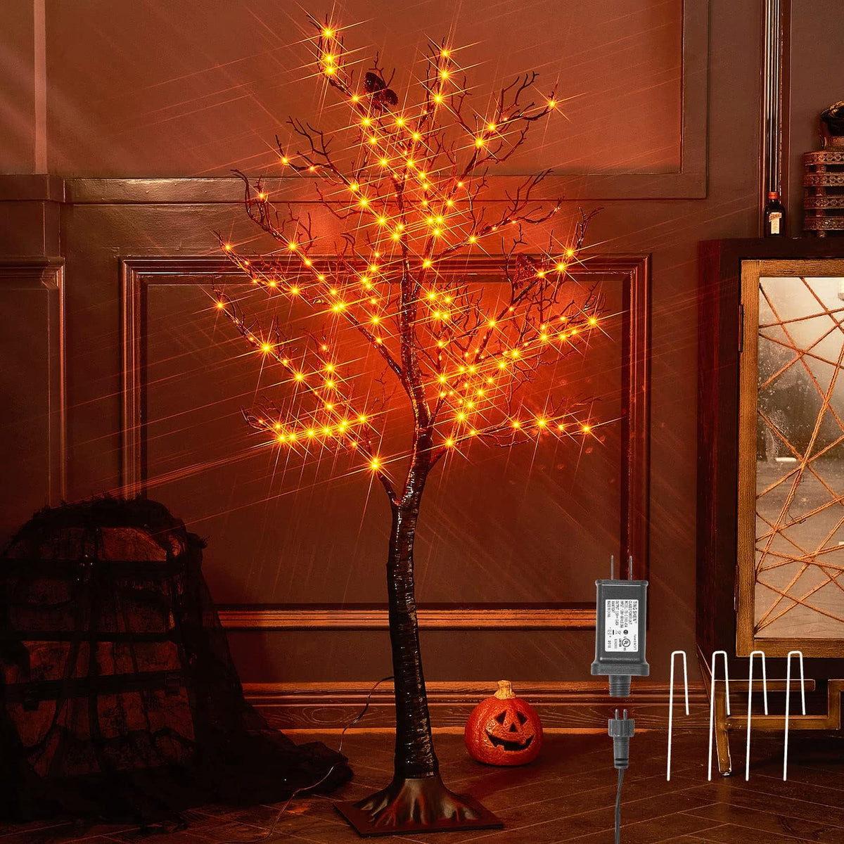 Hairui Lighted Halloween Tree with 150 Orange Fairy Lights 4FT, Spooky Black ...