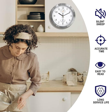 HITO 10 Inch Silent Wall Clock Battery Operated Non Ticking Glass Cover Silver - Image 3