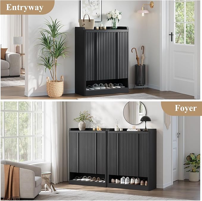 Fluted Shoe Cabinet, 25 Pair Shoe Storage Organizer Cabinet, Mid-Century Wooden - Image 5