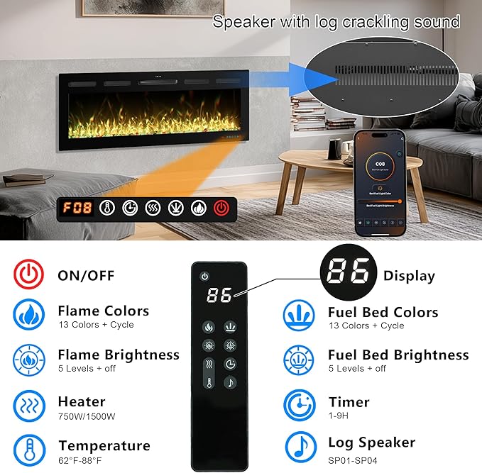 60 Inch WiFi-Enabled Recessed Electric Fireplace Inserts - Image 3