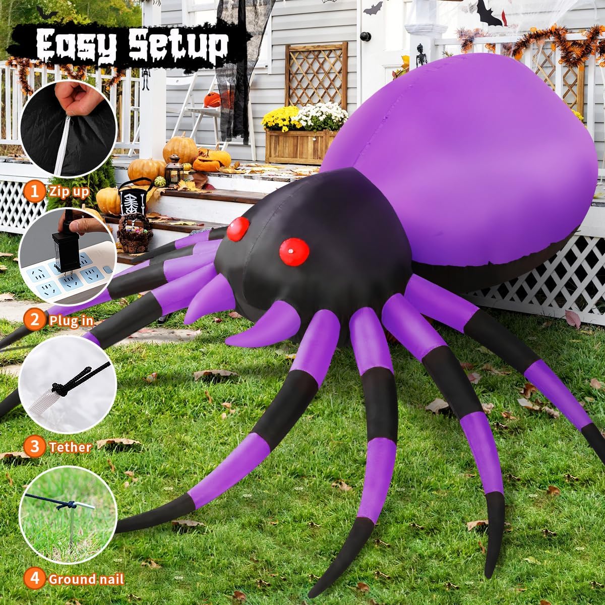GOOSH 5 FT Width Halloween Inflatable Spider Outdoor Decoration with Magic Li...