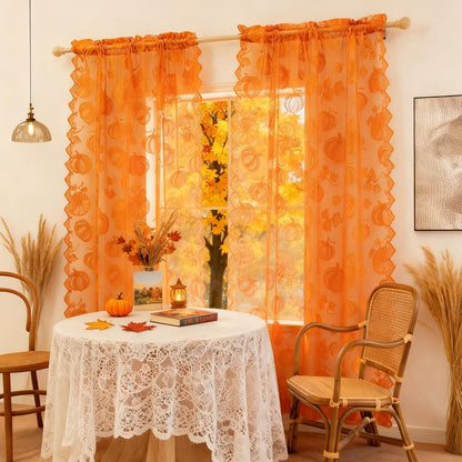 Fall Lace Curtains 84 Inches Long for Living Room Thanksgiving | Holiday Decoration Burnt Orange Sheer, Weave Harvest Pumpkin Design, Rod Pocket, Country Rustic, 54 x 84 Inch 2 Panels