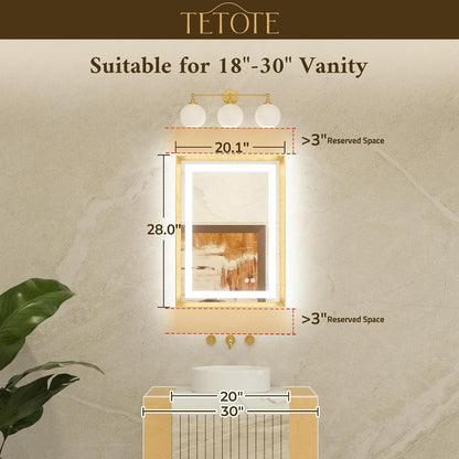 20 x 28 Bathroom LED Mirror Brushed Gold Metal Frame Frontlit & Backlit Vanity Mirror Anti-Fog Stepless Dimmable 3 Colors White/Warm/Natural Mirror with Lights Wall-Mounted