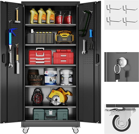 Garage Storage Cabinet with 5 Adjustable Shelves and Door Pegboard, Metal by REEMOON