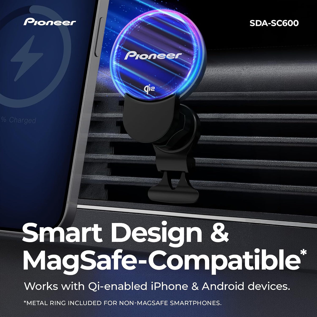 Pioneer Qi2 MagSafe Wireless Car Charger and Phone Mount