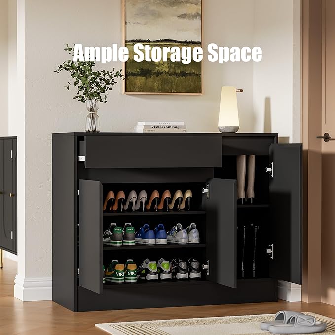 Shoe Cabinet Storage with 3 Doors, Freestanding Shoe Cabinet with Drawer & - Image 5