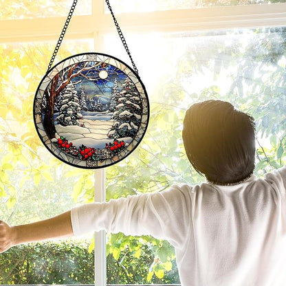 DASTOLL Stained Glass Window Hanging Christmas Tree Winter Snow Night Scenery - Image 3