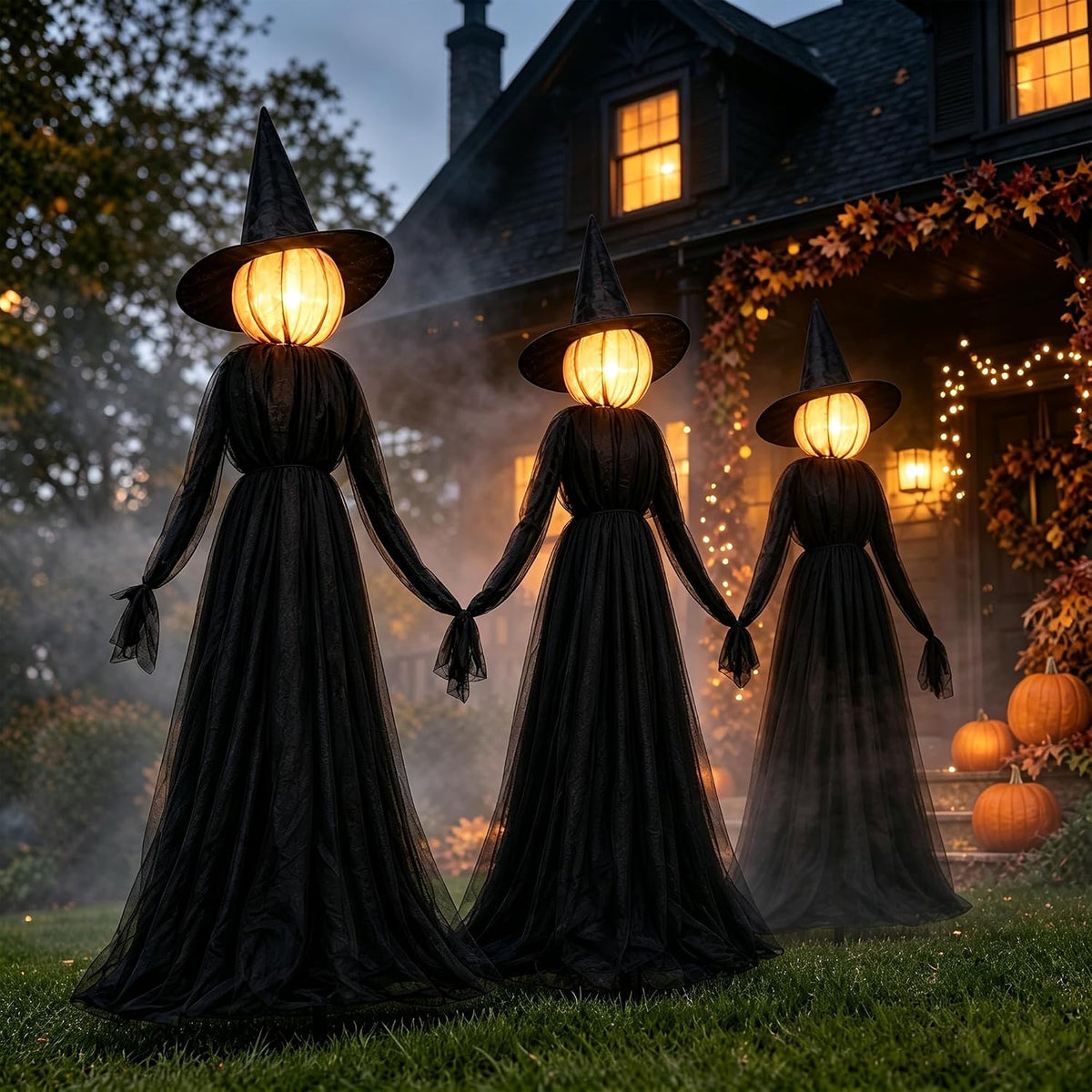 NEROSUN Halloween Witches Decorations Outdoor, 5 FT Set of 3 Light Up Holding...