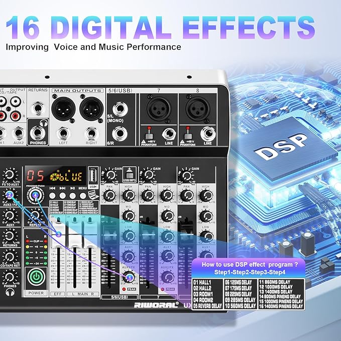 8 Channel Audio Mixer DJ Mixer Sound Board Console 16 Dsp USB Audio Interface - Image 5