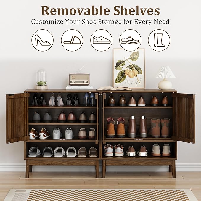 Shoe Cabinet with Slatted Doors, 4 Tier Freestanding Shoe Cabinet Storage - Image 5