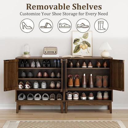 Shoe Cabinet with Slatted Doors, 4 Tier Freestanding Shoe Cabinet Storage - Image 5