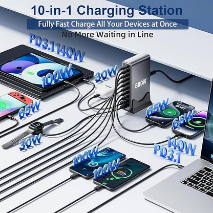 800W USB C Fast Charger Block, Dual PD3.1 140W 10 Port USB Charging Station - Image 2