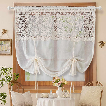 Floral Tie Up Curtains for Window, Adjustable Lace Balloon Shade | Crochet Lace Trim, Rod Pocket Light Filtering Sheer Curtain Panel for Kitchen Cafe Bathroom,1 Panel (Beige, W39 L39 inch)