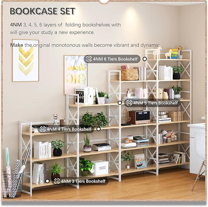 4NM 6 Tiers No Assembly Book Shelves, 61.8" H Folding Bookshelf Bookcase Open - Image 5