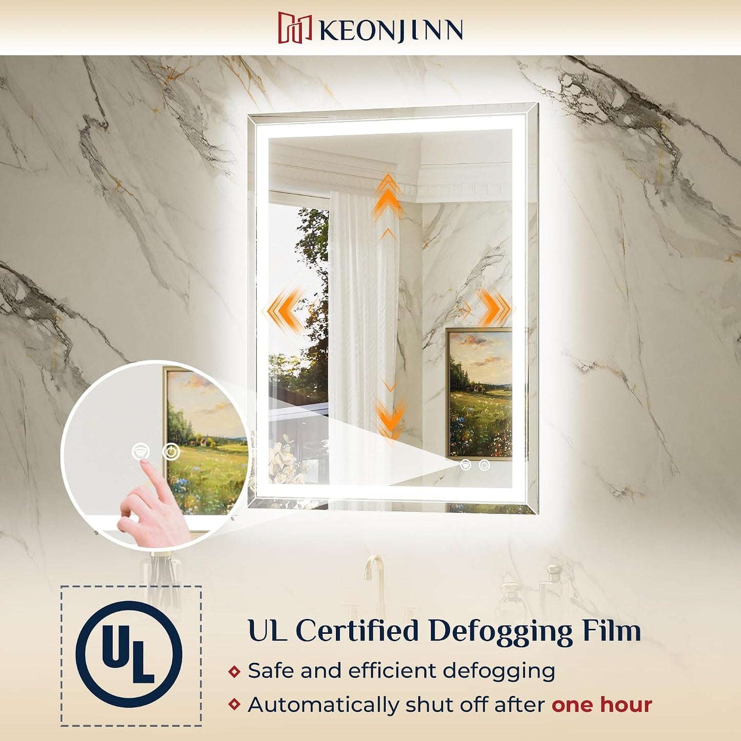 Keonjinn Beveled Bathroom Mirror with Lights 28" x 36", Frontlit & Backlit | HD Tempered Glass, Lighted Mirrors for Bathroom Wall, 3 Color Lights, Fast Defogging, Stepless Dimmable, Wall Switch/Plug in