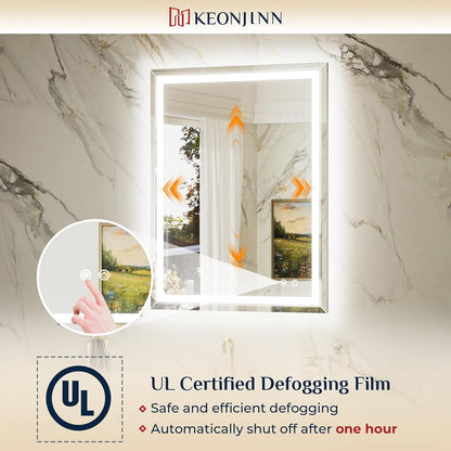 Keonjinn 30" x 36" Beveled LED Bathroom Mirror with Lights, Tempered Glass | Front and Backlight, Lighted Mirrors for Bathroom Wall, 3 Color Lights, Fast Defogging, Stepless Dimmable, Hardwired/Plug in