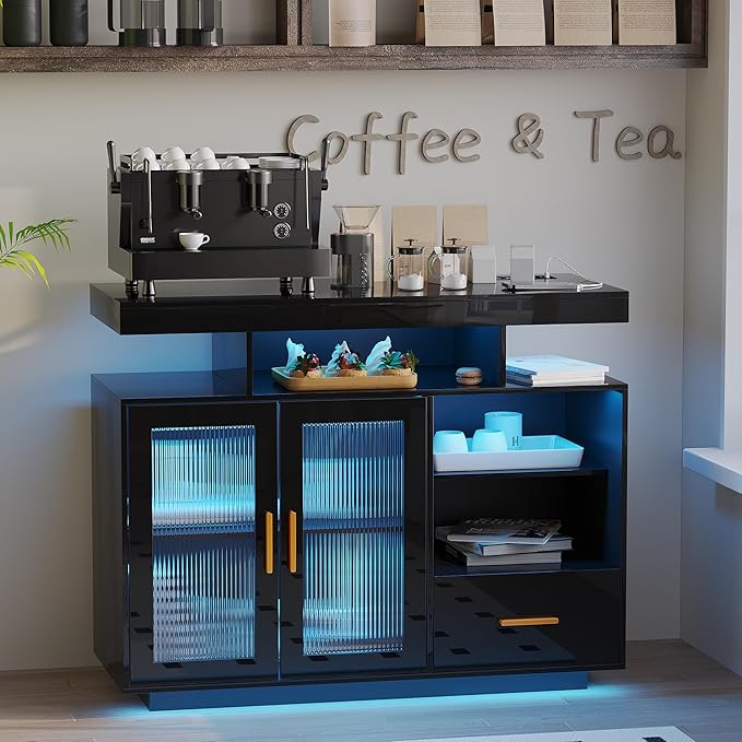 40" Wood LED Coffee Bar with Wireless Charging Station, Kitchen Storage Coffee - Image 3