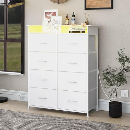 White Dresser for Bedroom with Power Outlets and LED Lights Narrow 8 Fabric - Image 6