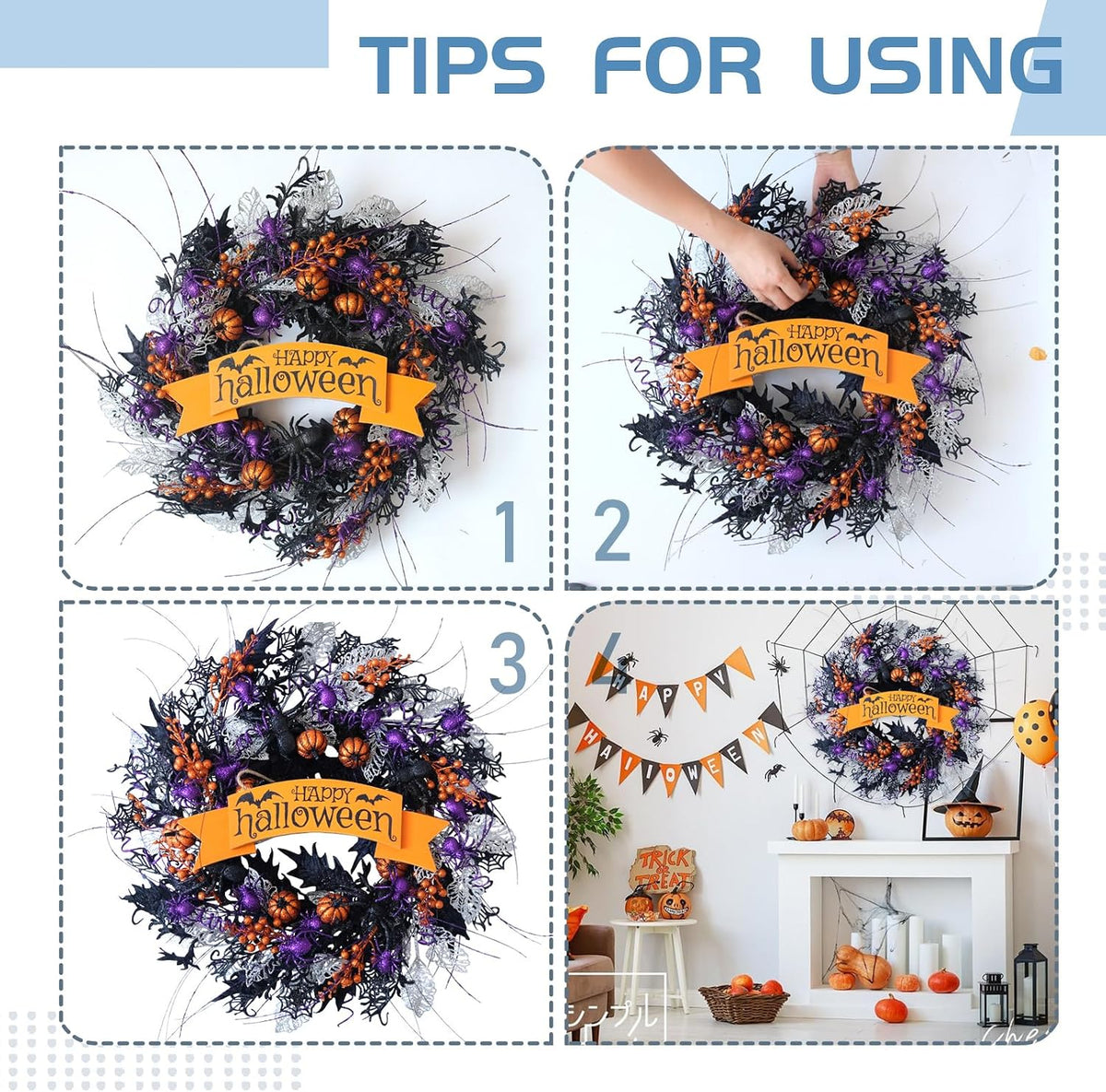 22 Inch Halloween Glitter Pumpkin Spider Wreath for Front Door