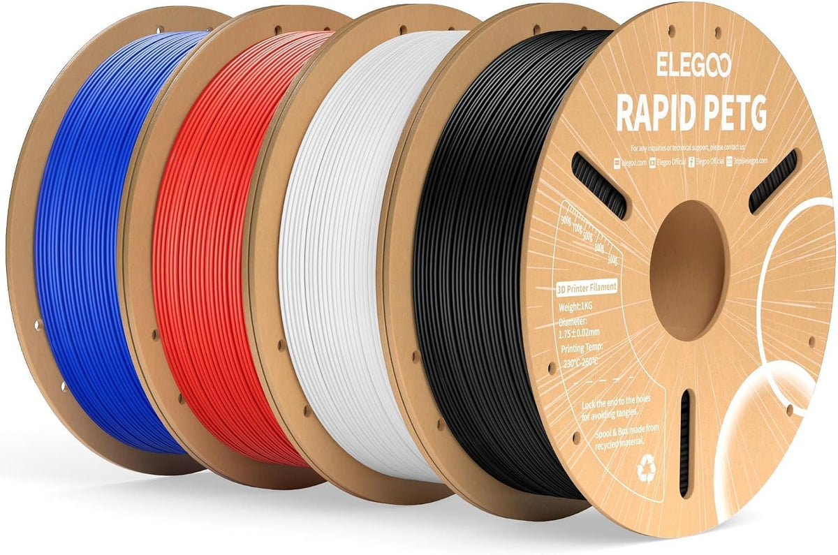 elegoo rapid petg 3d filament bundle 1.75mm black/white/blue/red, main product view