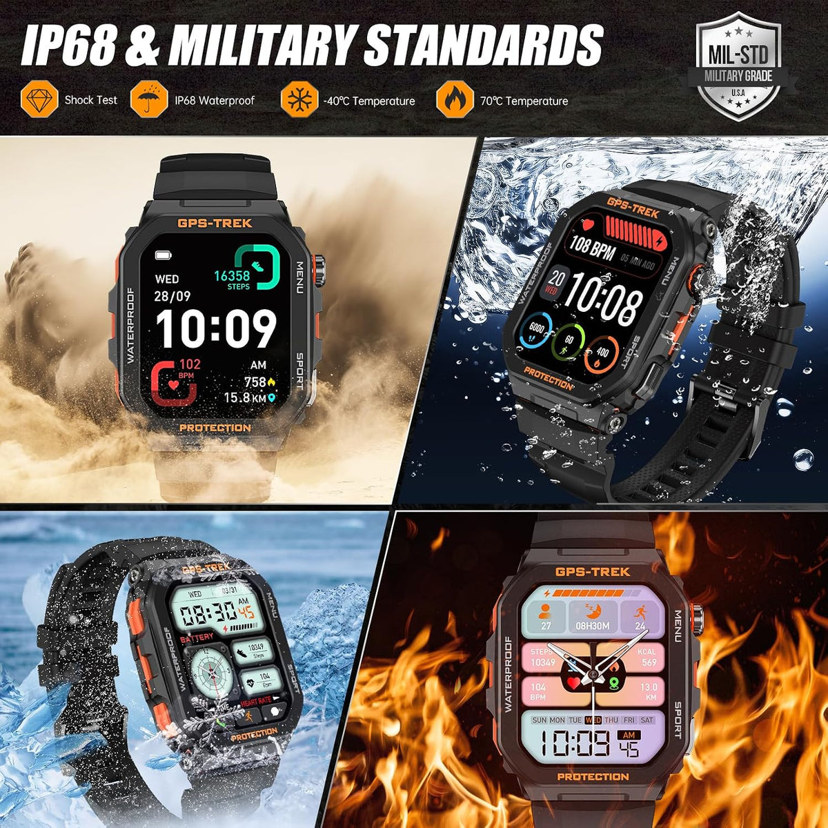 military smart watches for men built-in gps with, close-up detail
