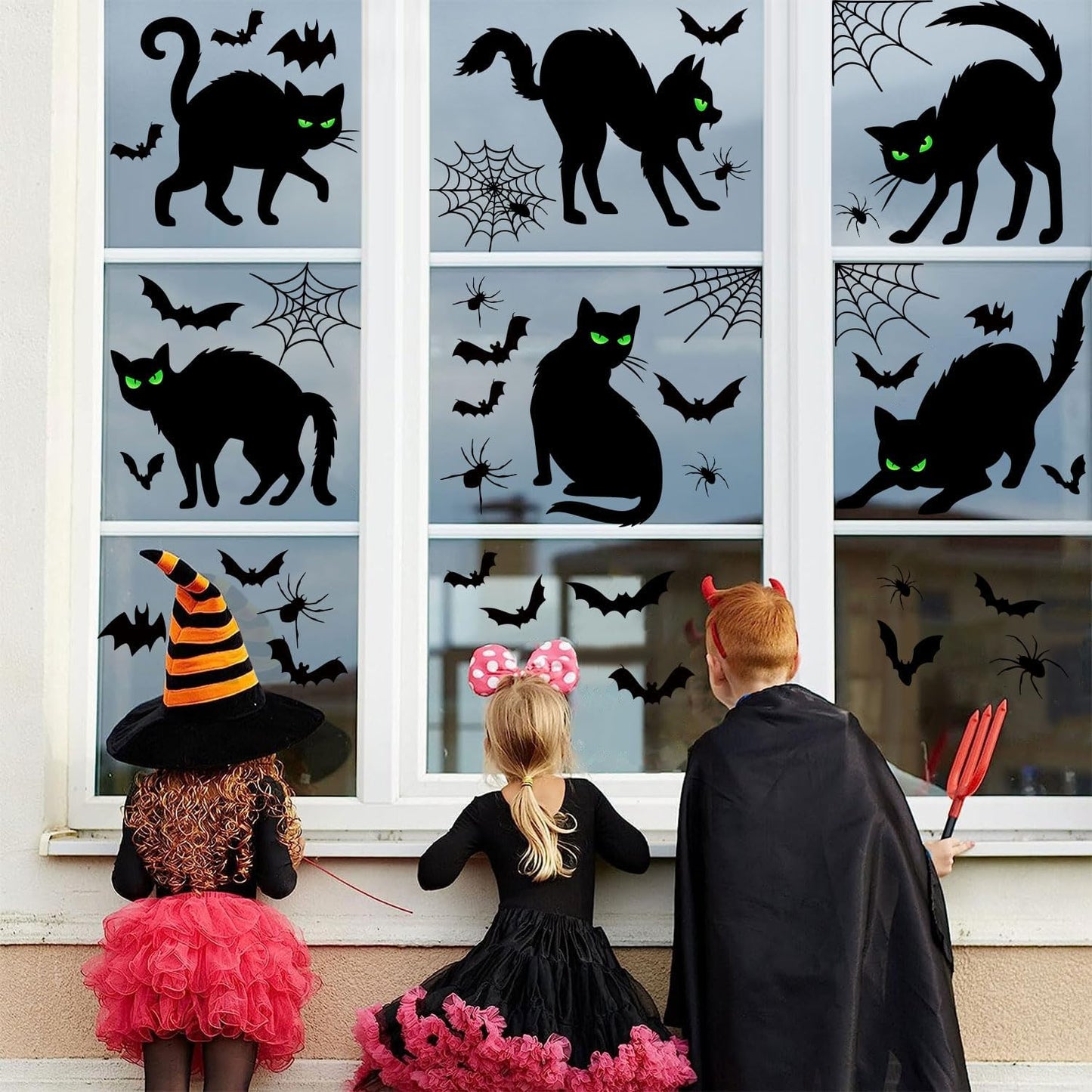 Halloween Black Cat Window Clings Decorations, Spooky Haunted House Bats Spider Web Scary Decals, Silhouette Removable Double-Side Black Cats Window Sticker Halloween Party Supplies 6 Sheets