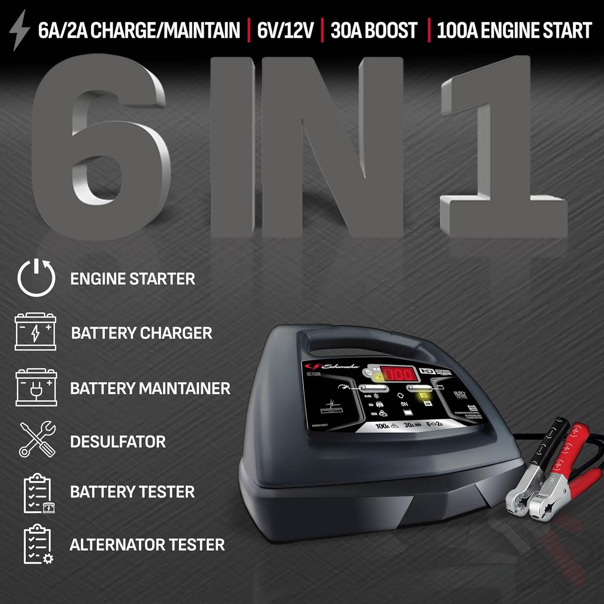 schumacher electric 6a car battery charger & maintainer shown in use