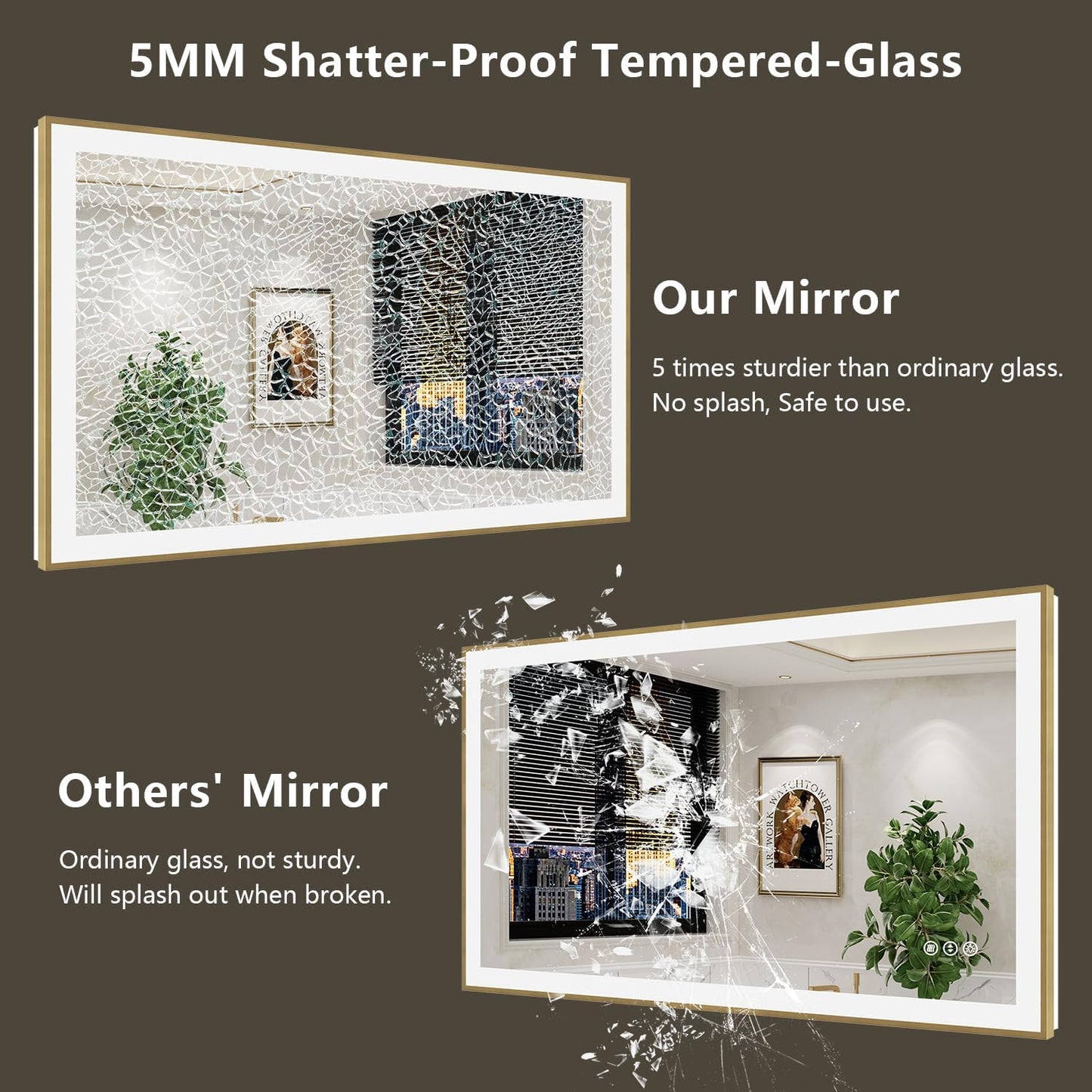 40x30 LED Bathroom Mirror with Lights, Gold Framed Lighted Mirror | Backlit and Front light, Anti-Fog, 3 Color Dimmable, Memory, Tempered Glass, IP54 Waterproof, UL Listed