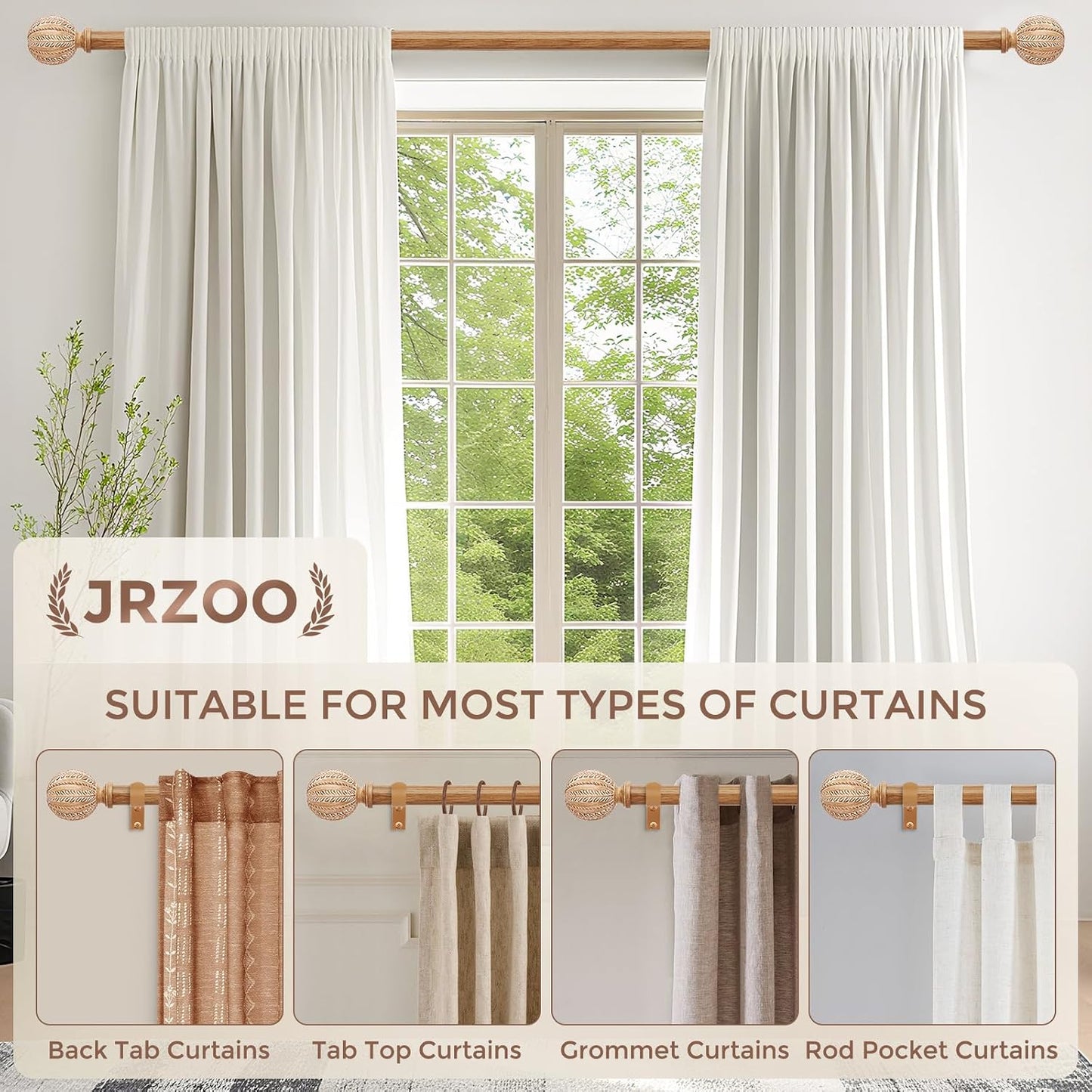 2 Pack Wood Curtain Rod for Windows 48 to 84 Inch, 1'' Diameter Adjustable Heavy Duty Rustic Farmhouse Drapery Rods with Boho Imitation Wooden Grain Decorative Finials, Size: 30''-88'' – Light Wood