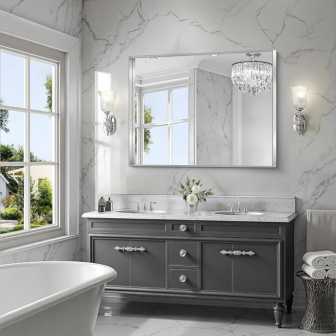 CIRCUMI Silver Bathroom Mirror, Brushed Finish, Tempered Glass, Large Mirror - Image 2
